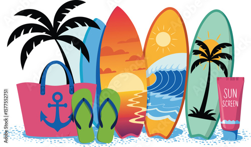 Cartoon Beach Surfboards, Palm Trees, FlipFlops, Beach Bag, and Sunscreen Illustration