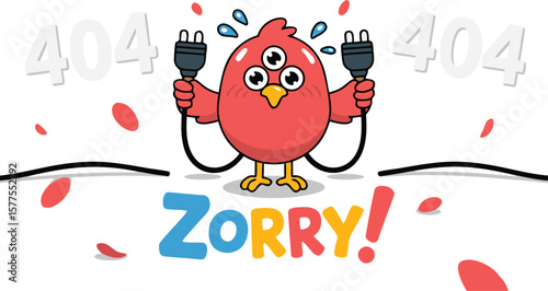Cartoon Bird Holds Power Cables with Error Message, Zorry! 404 on White Background