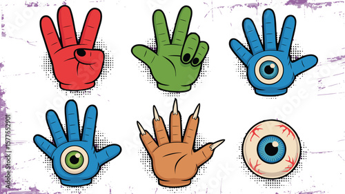 Cartoon Hand Collection Red Peace Sign, Green Victory, Blue Eyeball Hands, Monster Claw, Eyeball