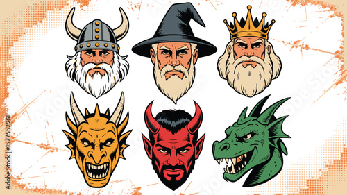 Cartoon Illustration of Viking, Wizard, King, Demon and Dragons Characters Isolated