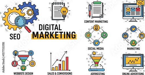 Illustration of digital marketing concepts and seo with various icons