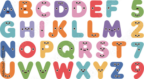 Colorful Cartoon Alphabet and Numbers with Faces, Cute Illustration for Children
