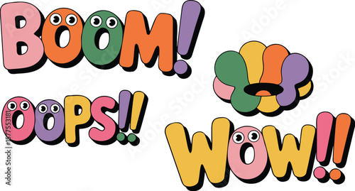 Colorful Cartoon Words Boom! Oops! Wow! with Googly Eyes and Flower Clipart