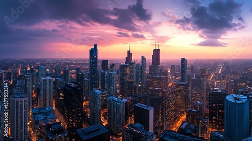 A stunning panoramic view of a city skyline at twilight, with detective novels scattered, adding a unique touch of mystery.