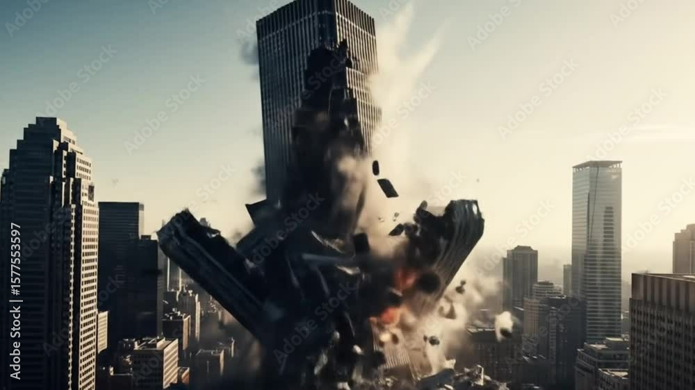 High-rise building explosion with brutal structural collapse and debris cloud. Clean delivery – no audio, full creative freedom.