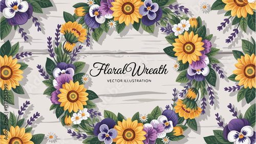 Floral Wreath with Sunflowers, Pansies, Lavender, and Daisies Illustration on Wooden Background