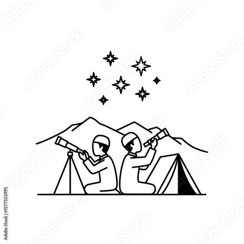 Children camping outdoors with telescopes under starry night sky