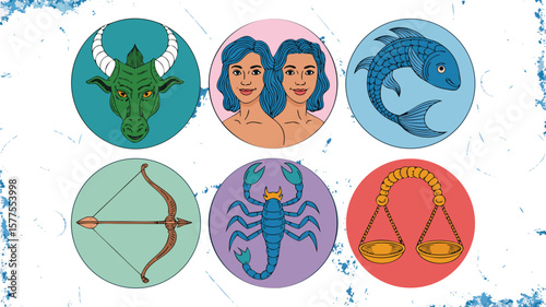 Illustrated Zodiac Symbols Taurus, Gemini, Pisces, Sagittarius, Scorpio, and Libra in Circles
