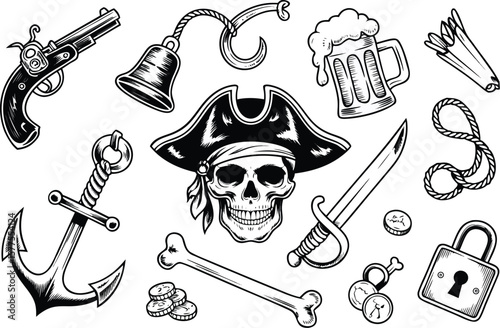 Monochrome Pirate Skull with Hat, Sword, Anchor, Gun, Bell, Hook, Padlock, Bone, Beer, and Coins Illustration
