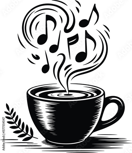 Stylish black and white coffee cup with musical notes, perfect for a coffee shop logo.