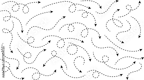 Hand drawn curve dotted line arrow set. curved pointers sign. Sketch curved dashed arrows. signpost showing a confusing complex path. Dashed arrows
