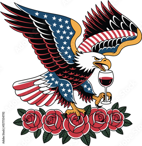 Bald eagle with spread wings and an American flag, a powerful symbol of USA wildlife, is ideal for a bold design or mascot illustration