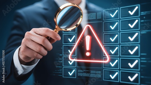 Risk assessment displayed with a magnifying glass over a warning sign among checkmarks.