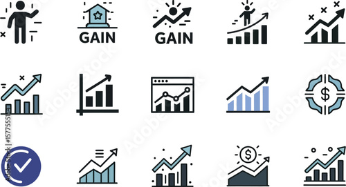 Collection of business growth icons depicting success and achievements