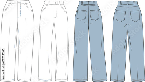 Women's high waist denim jeans technical fashion flat sketch, front and back view, wide leg casual pants design illustration