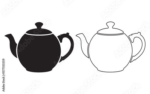 Teapot Variations Black Silhouette and Outline Graphic Representations for Kitchenware Designs and Culinary Themed Illustrations