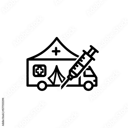 Medical transport vehicle with syringe and medical tent icons