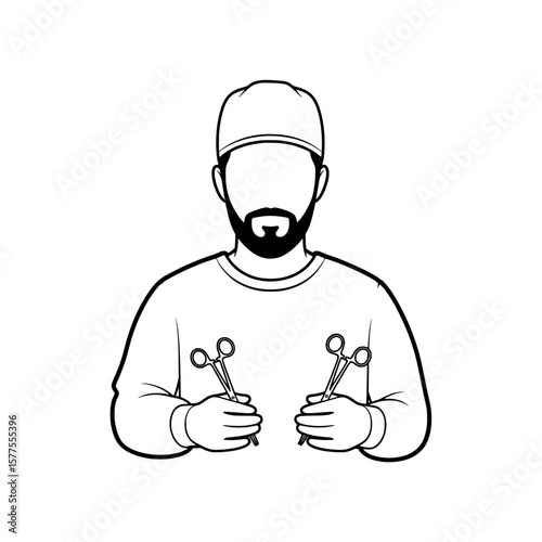 Medical professional holding surgical tools with gloves and hat