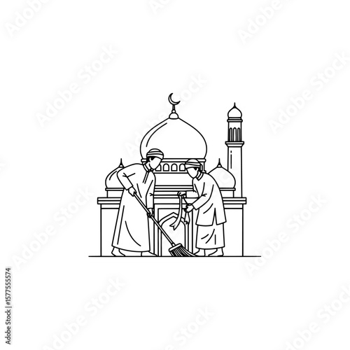 Muslim prayer ritual with mosque background and worshippers