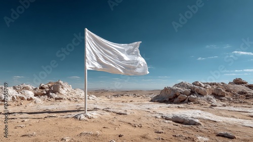 White flag waving in arid desert landscape under clear blue sky