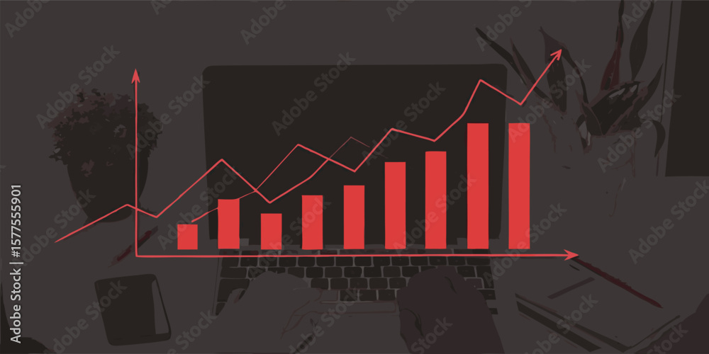 Obraz premium Red bar graph and line chart on laptop business finance