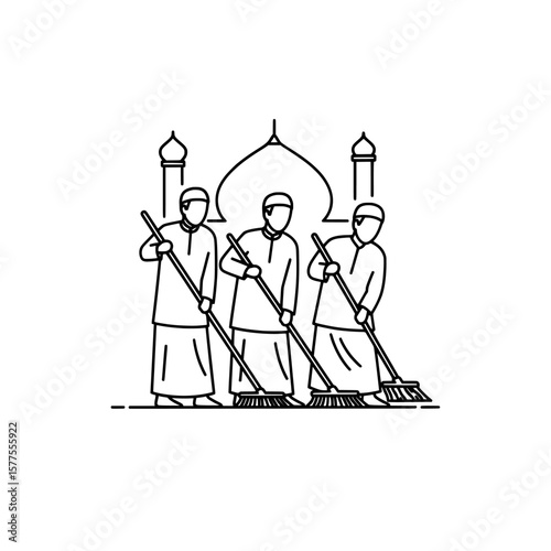 People sweeping in front of a mosque with domes and minarets
