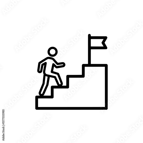 Person climbing stairs towards flag on a platform