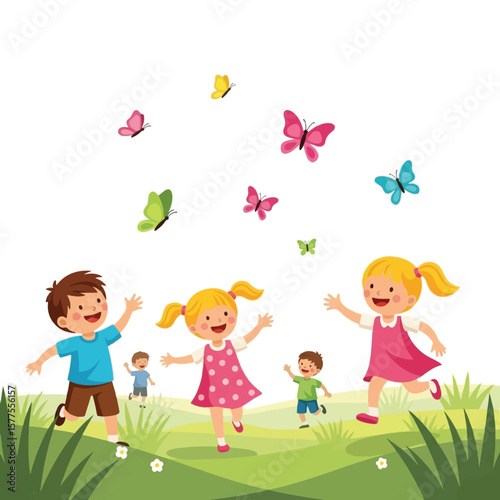 Cheerful children joyfully playing and chasing colorful butterflies in a sunny meadow.