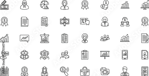 A collection of business and finance related line icons on white background
