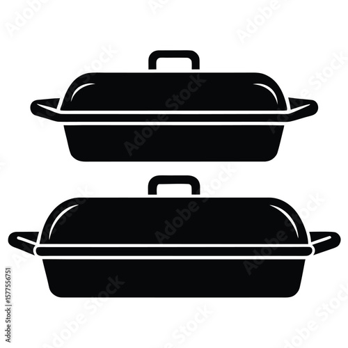 Bold black silhouette illustration of three modern casserole dishes with handles perfect for culinary or home decor designs