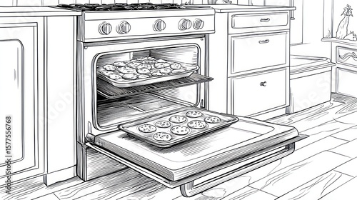 A sketch of an oven with cookies