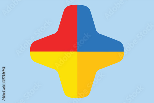 Colorful Cross Shape with Red, Blue, and Yellow Sections on Light Blue Canvas