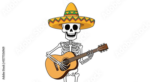 Festive Skeleton Cartoon Playing Guitar with Sombrero Illustration for Dia de los Muertos