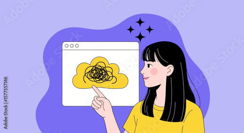 Illustration of a Cloud Computing Concept with a Woman Pointing to a Digital Cloud