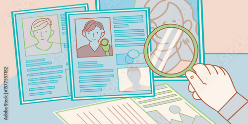 Resume review with magnifying glass job application