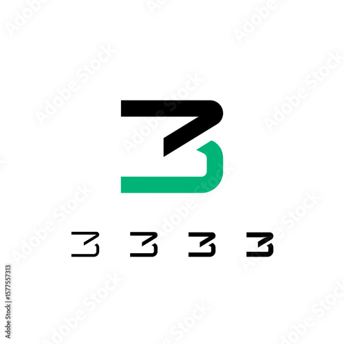 Technical logo number 3, digital cyber space numeral three, set of four different thicknesses of the (regular, medium, bold, thick) made stencil style