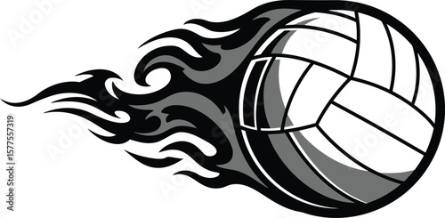 A graphic illustration of a volleyball engulfed in gray scale flames against a white background