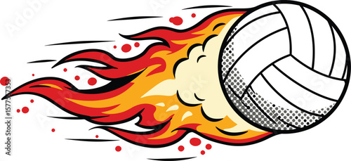 A cartoon volleyball with flames and motion lines on a white background in a vector illustration