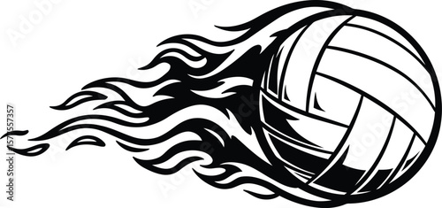 A black and white vector illustration of a volleyball with flames trailing behind it on white background