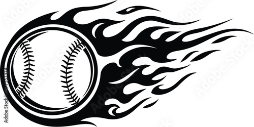 A black and white graphic of a baseball with flames trailing behind it on a white background design