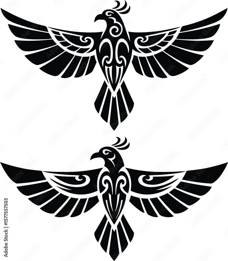 Obraz premium Two stylized black phoenix birds with intricate tribal designs on a white background art