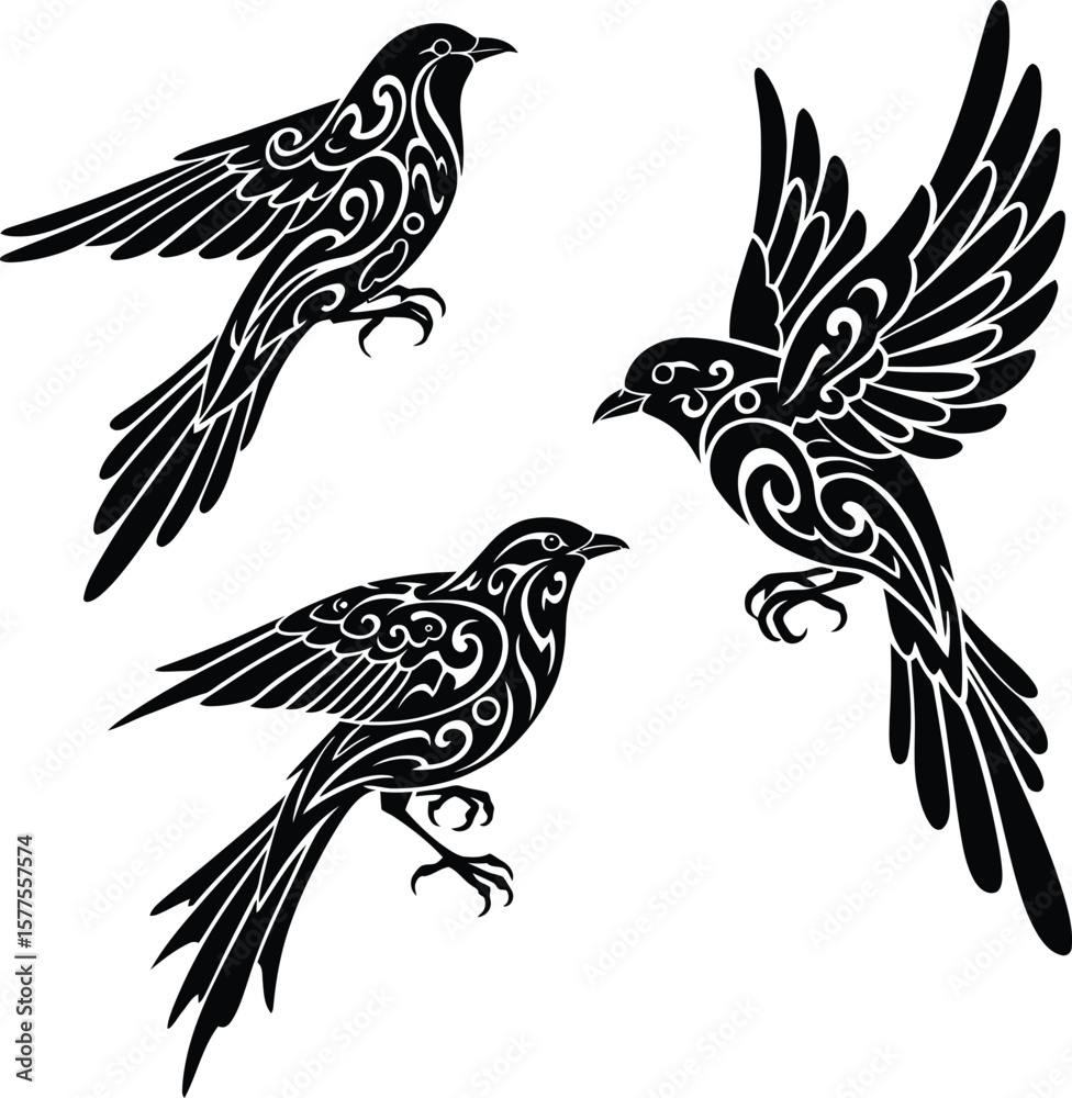 Obraz premium Three stylized birds in black and white with intricate patterns on their bodies and wings design art