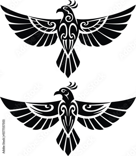 Two stylized black phoenix birds with intricate tribal designs on a white background art