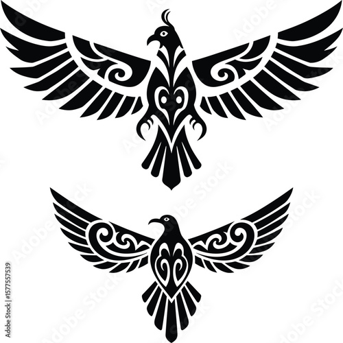 Two stylized black birds with decorative wings in a graphic design on a white background