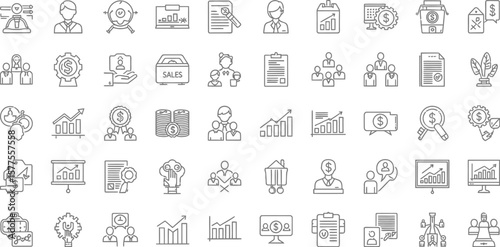 A collection of business and finance icons in outline style on white background