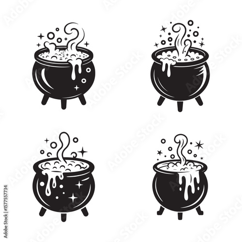 Black cauldrons with bubbling potions and stars steam