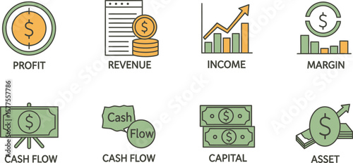 Illustrated financial icons showing profit, revenue, income, and assets