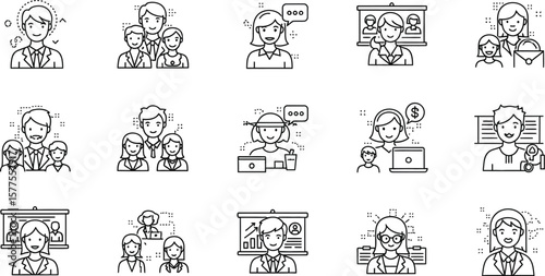 Collection of business people and family icons in outline style vector