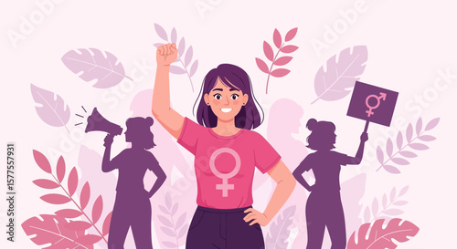 Feminist Empowerment Illustration of Women Celebrating Equality and Strength with Symbolism