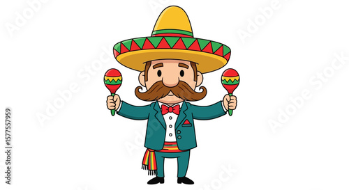 Cartoon Mexican Man with Sombrero and Maracas Festive Celebration Illustration